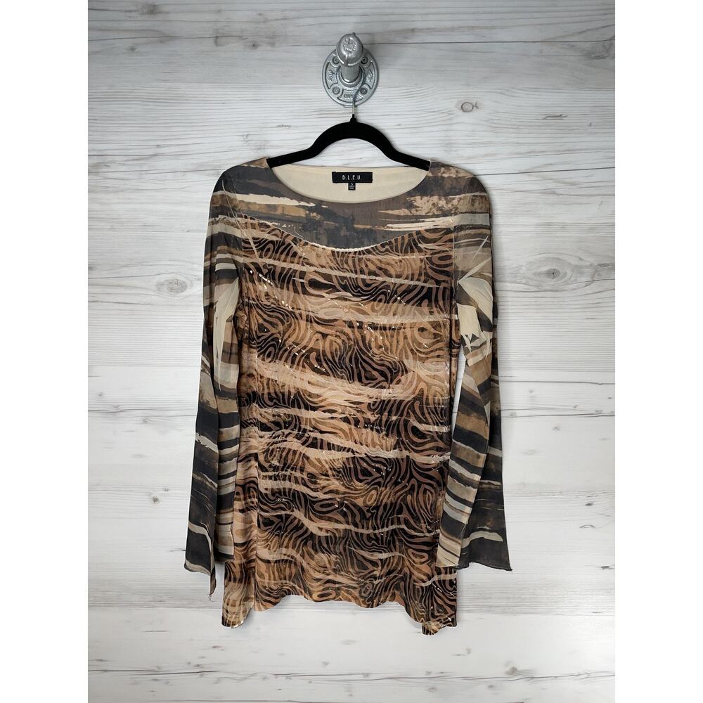 B.L.E.U. Shirt Womens Small Brown Black Sheer Burnout Velvet Long Sleeve M1C0169